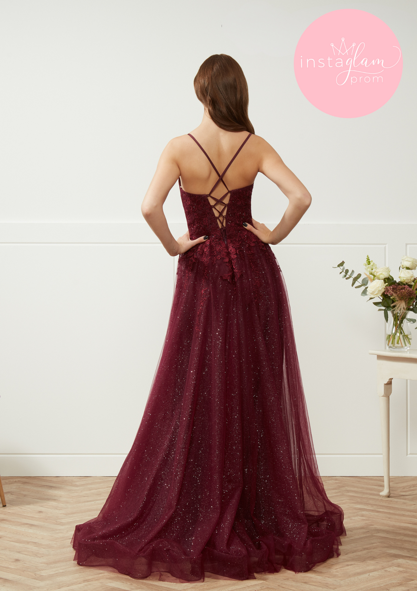 Kyra Aline with leg split prom/ evening dress with round neck and corset back