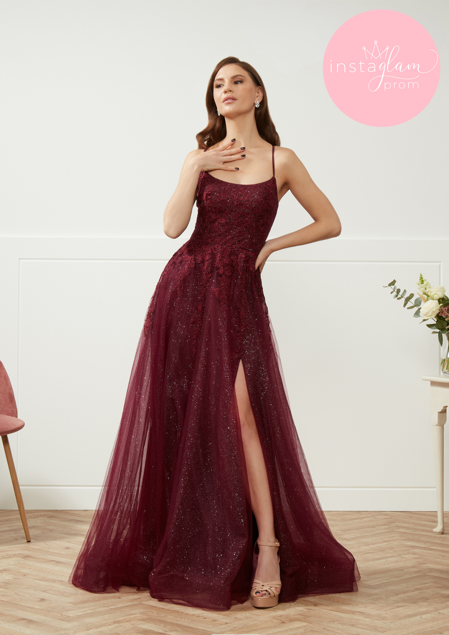 Kyra Aline with leg split prom/ evening dress with round neck and corset back