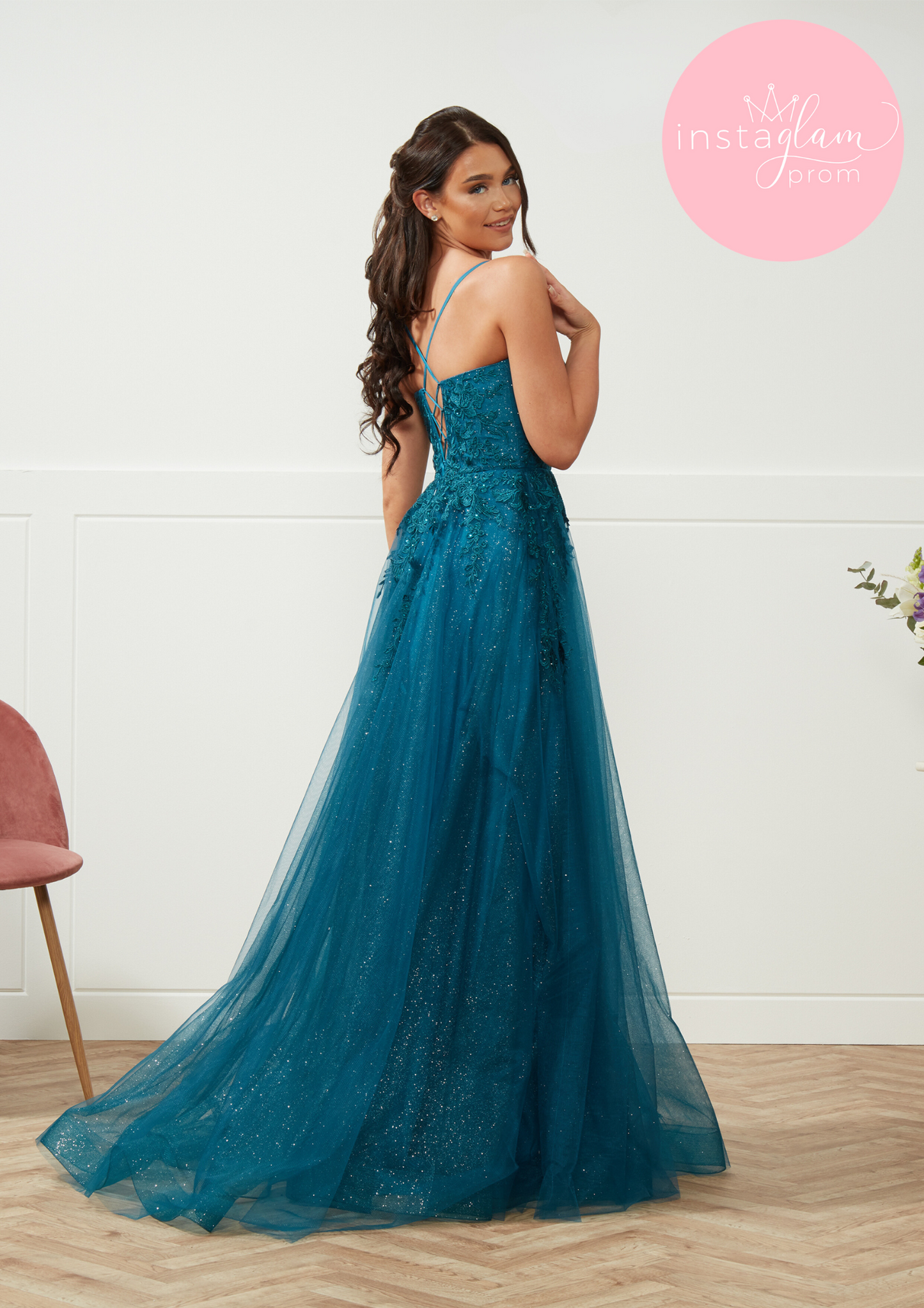 Kyra Aline with leg split prom/ evening dress with round neck and corset back