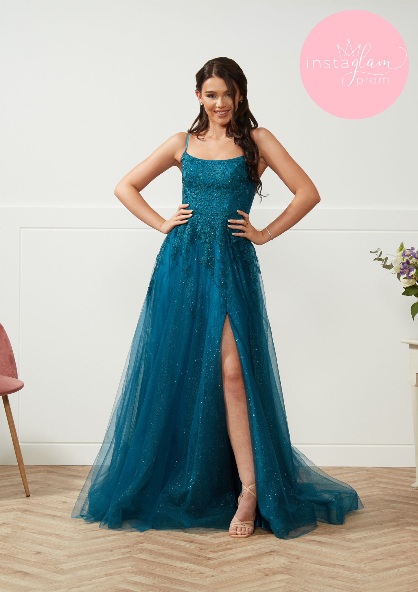 Kyra Aline with leg split prom/ evening dress with round neck and corset back
