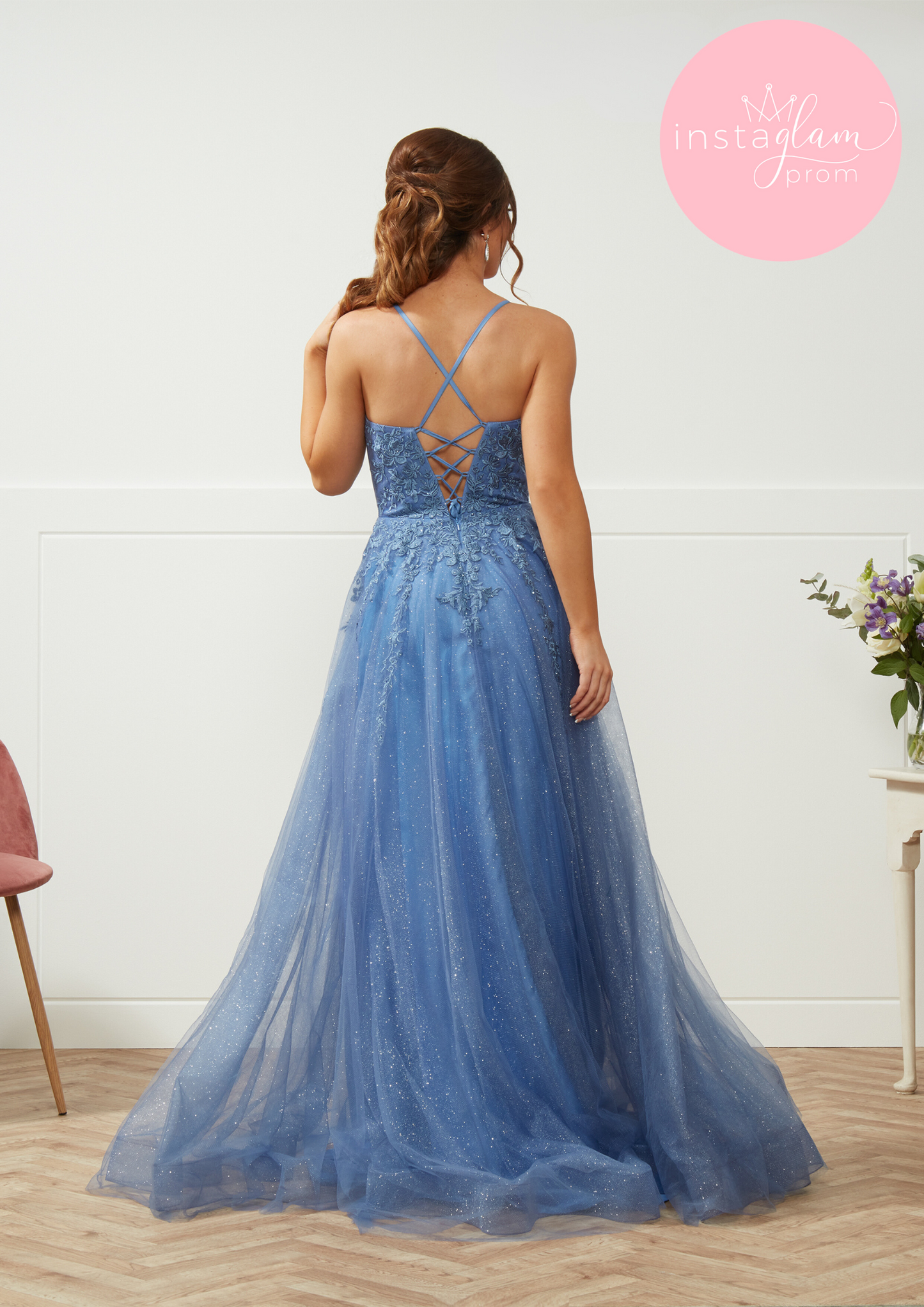 Kyra Aline with leg split prom/ evening dress with round neck and corset back
