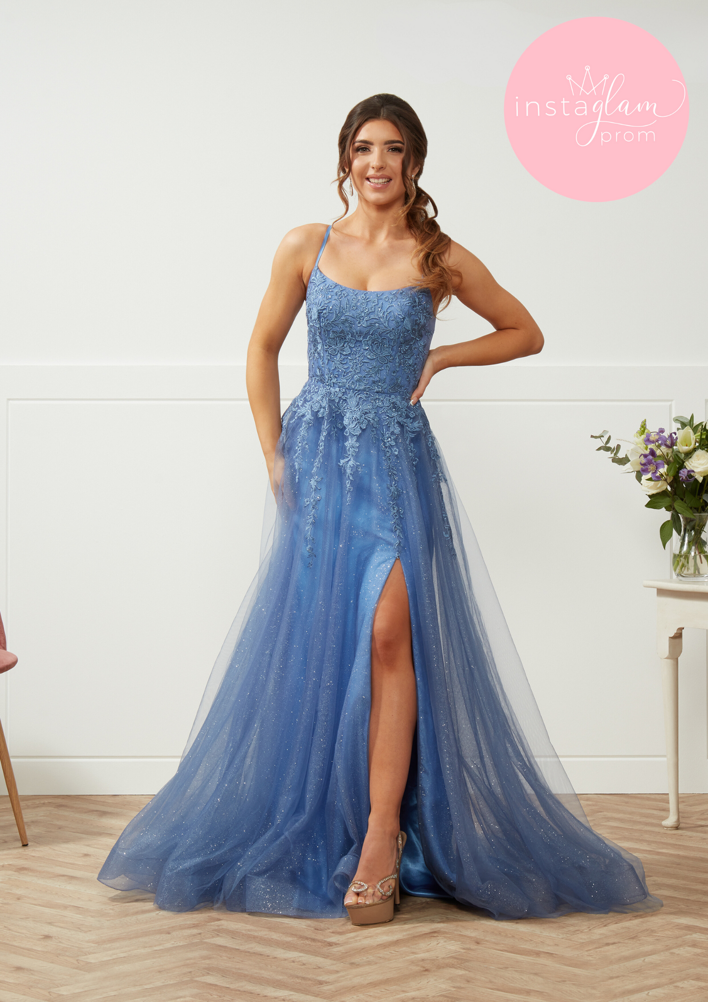 Kyra Aline with leg split prom/ evening dress with round neck and corset back