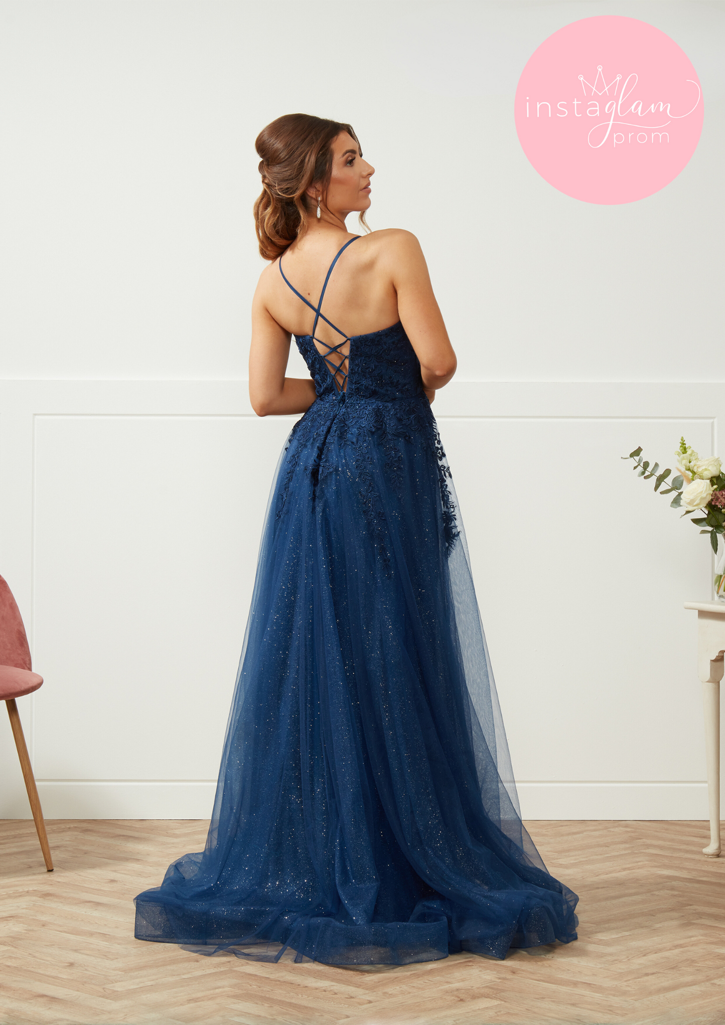 Kyra Aline with leg split prom/ evening dress with round neck and corset back