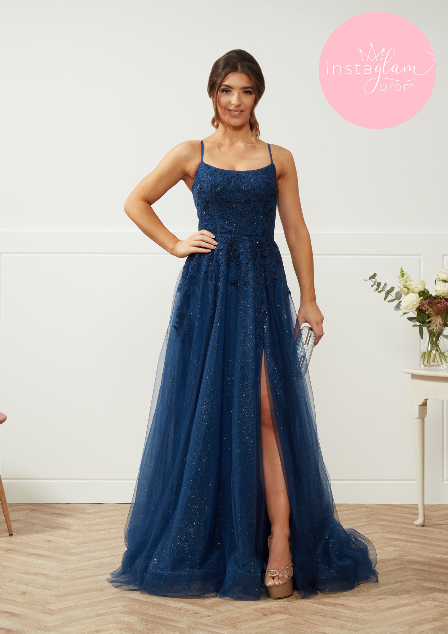 Kyra Aline with leg split prom/ evening dress with round neck and corset back