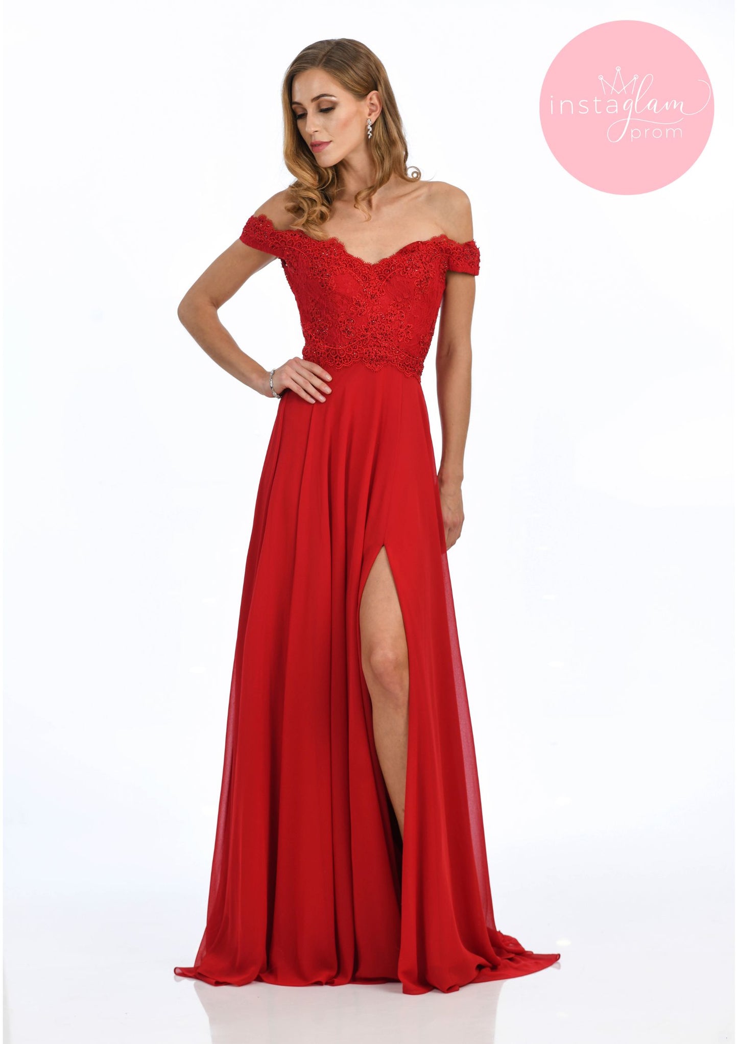 Chiffon off the shoulder prom/evening dress with leg split- style AF 18326