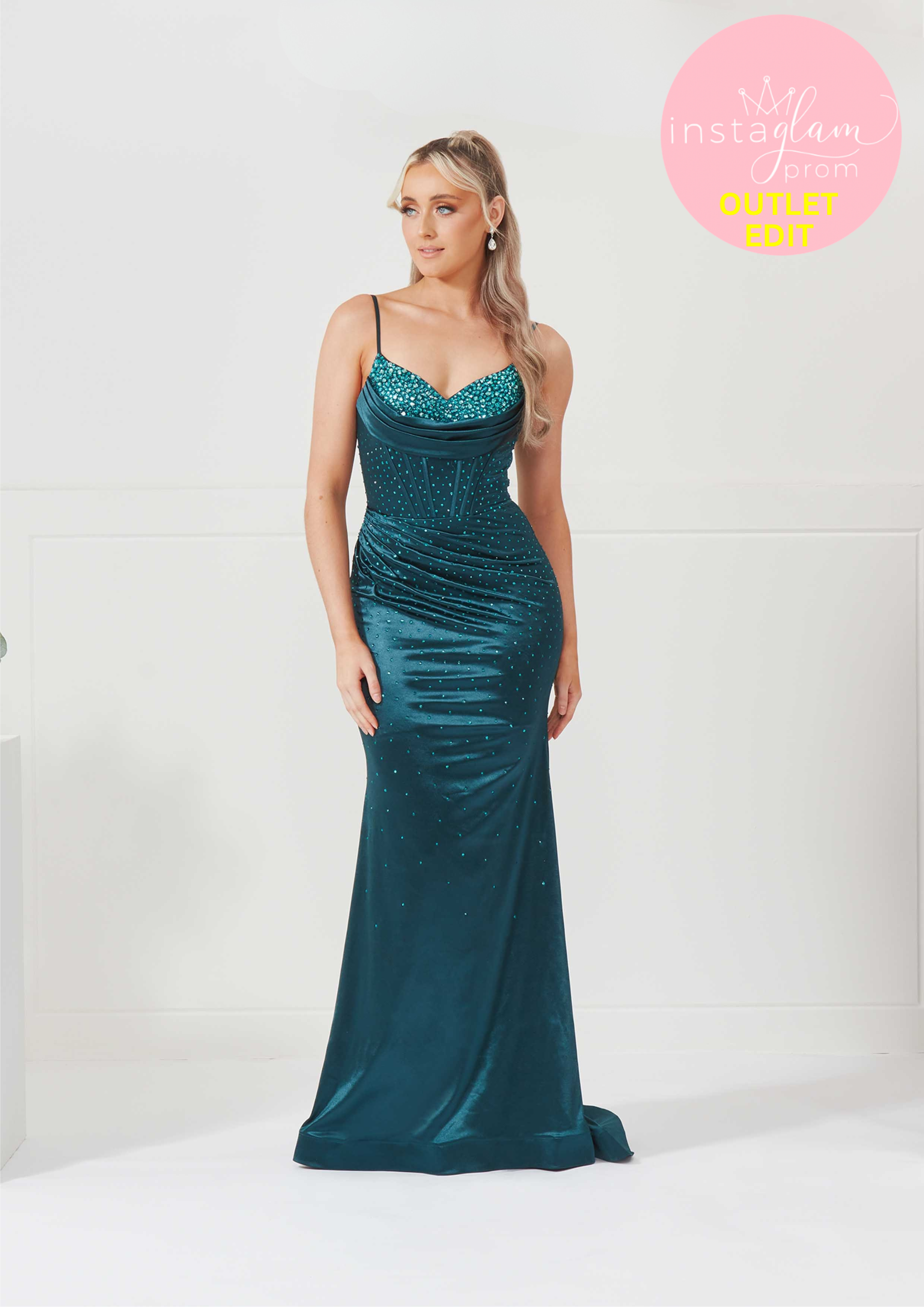 Satin fitted Prom dress with corset back, hot fix detail and leg split- Style AF3307