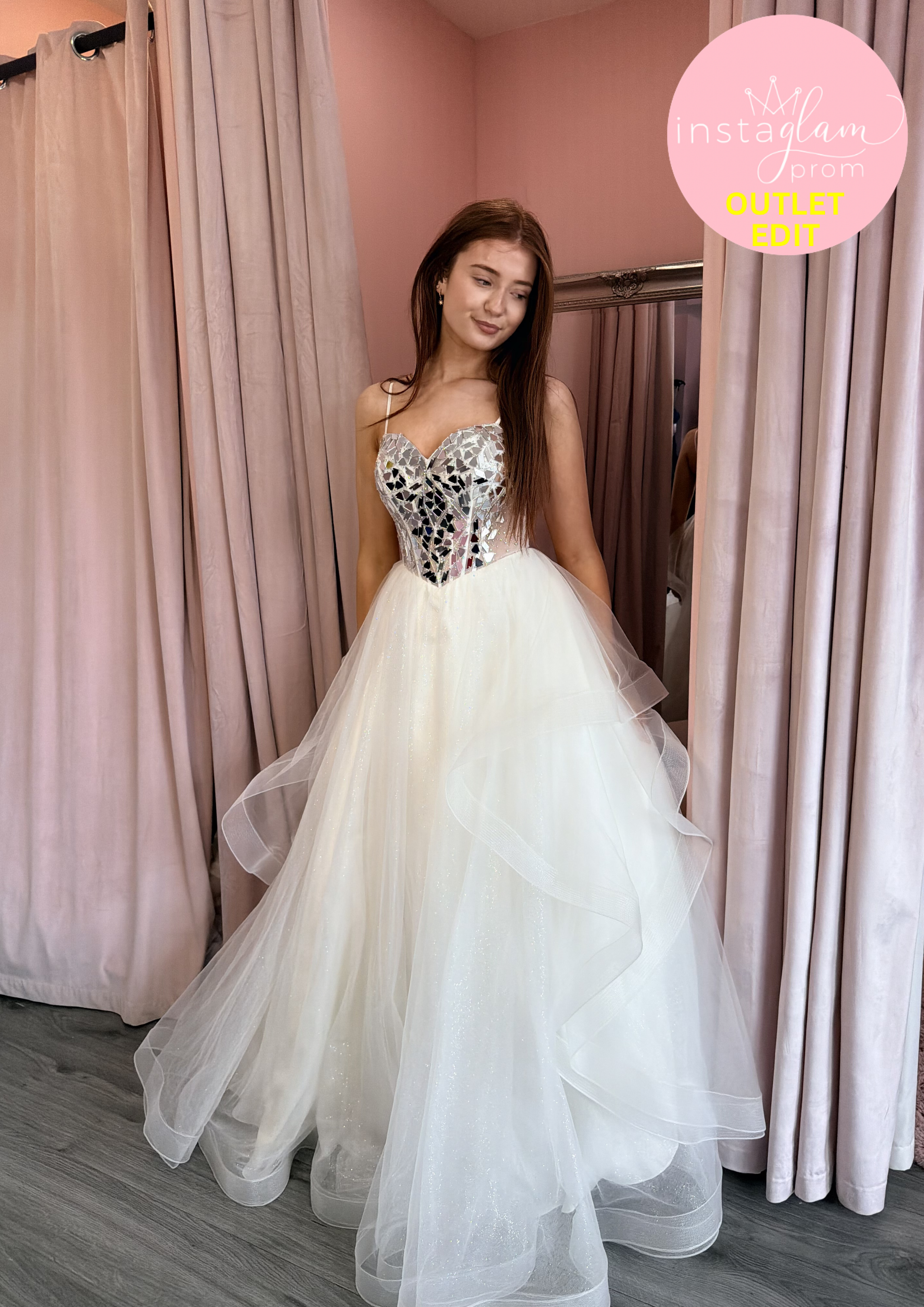 Ruffled ballgown prom/ evening dress with mirror tile detail and corset back- Style AF6496