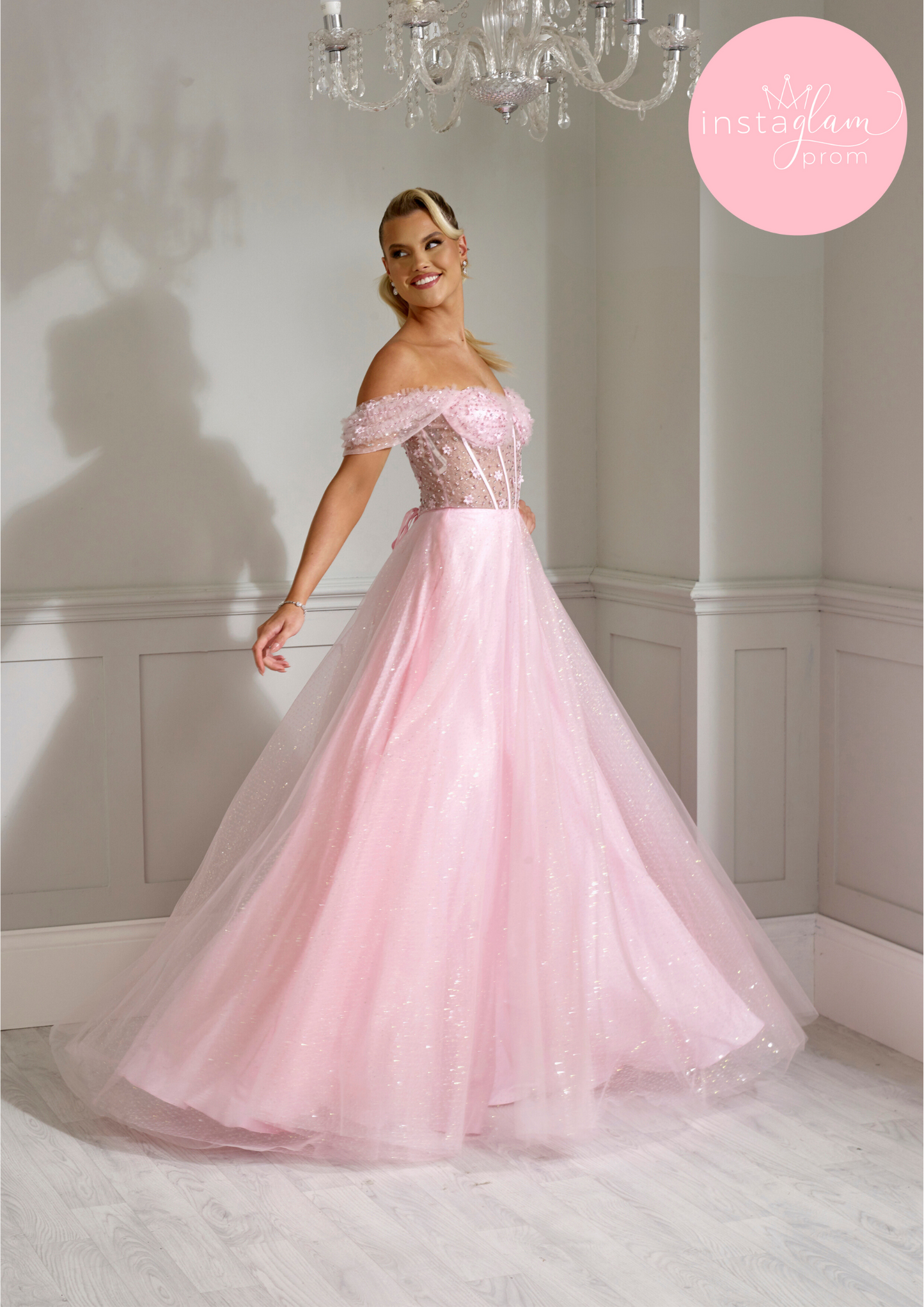 Off the shoulder glitter ballgown with flower detail prom/ evening dress -AF2244