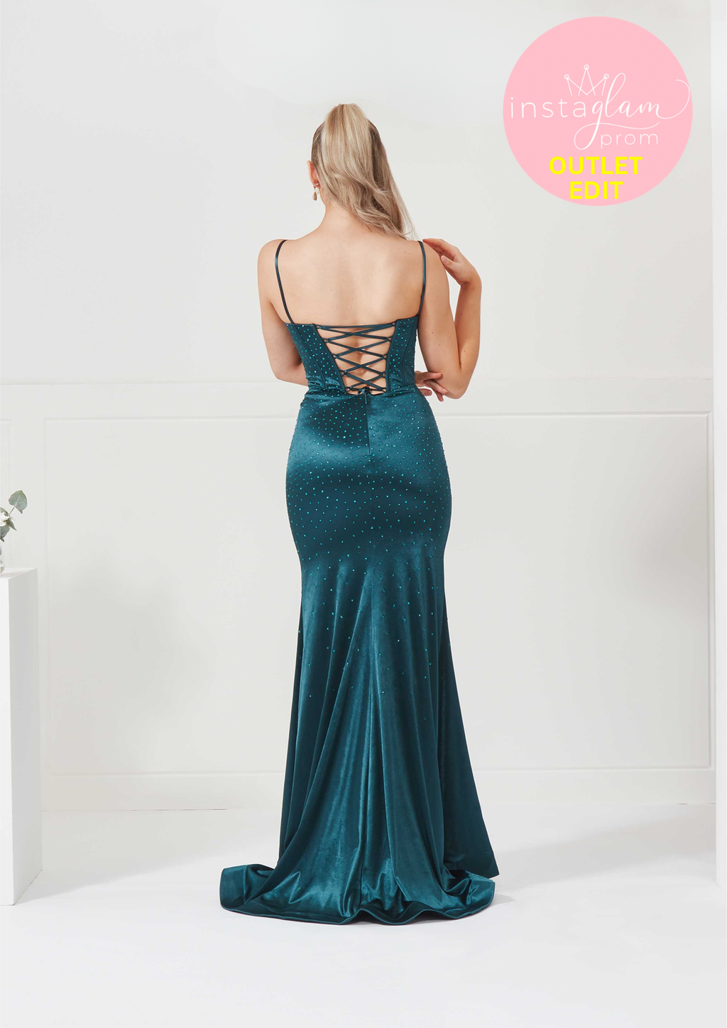 Satin fitted Prom dress with corset back, hot fix detail and leg split- Style AF3307