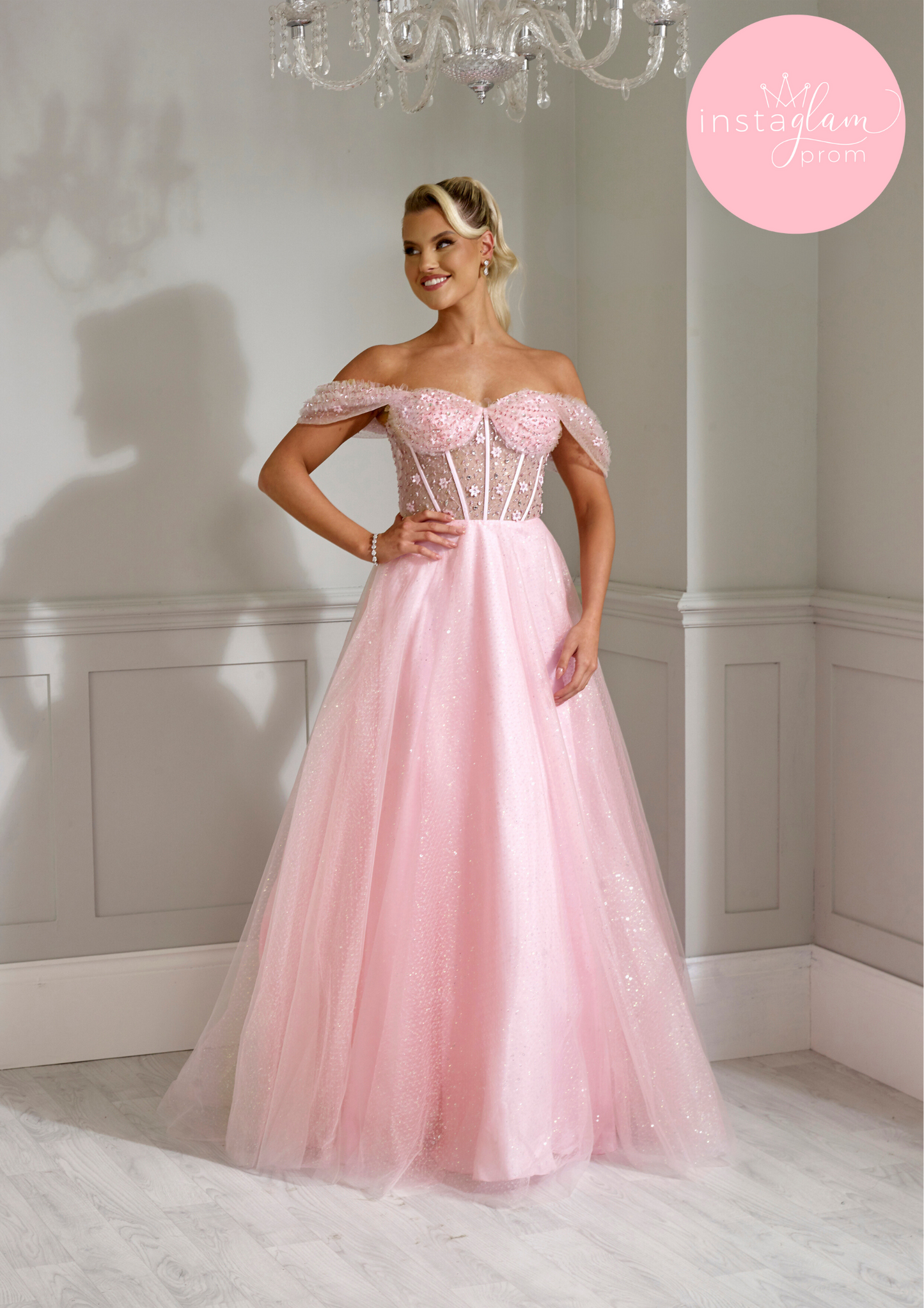 Off the shoulder glitter ballgown with flower detail prom/ evening dress -AF2244