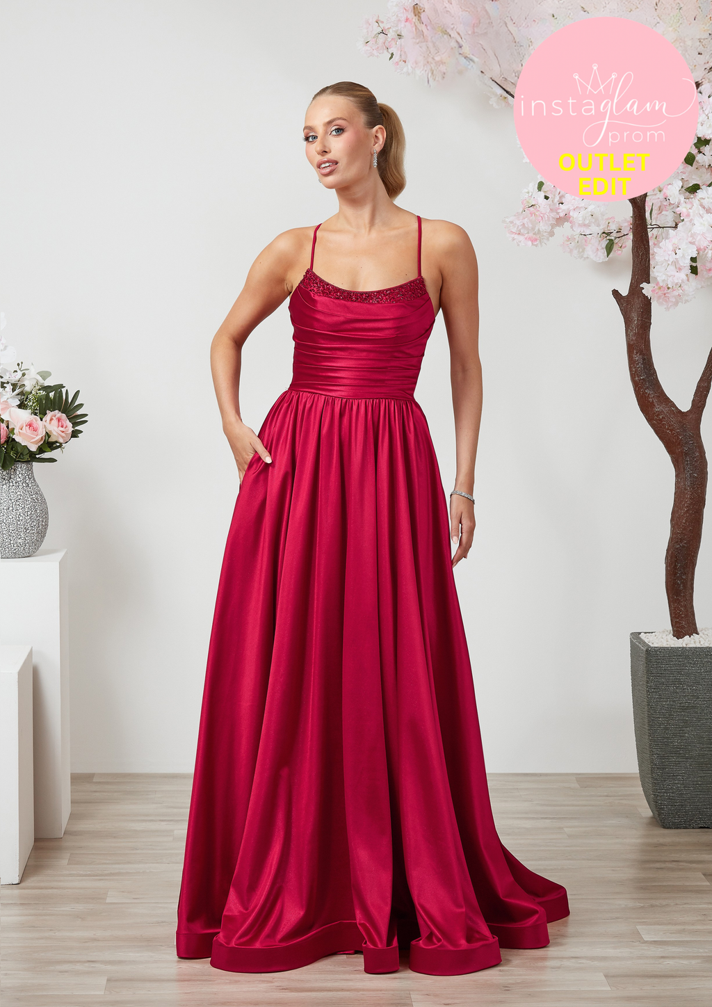 Aline satin Prom dress with round neck, boned bodice and leg split- Style AF6455