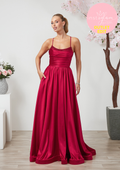 Aline satin Prom dress with round neck, boned bodice and leg split- Style AF6455