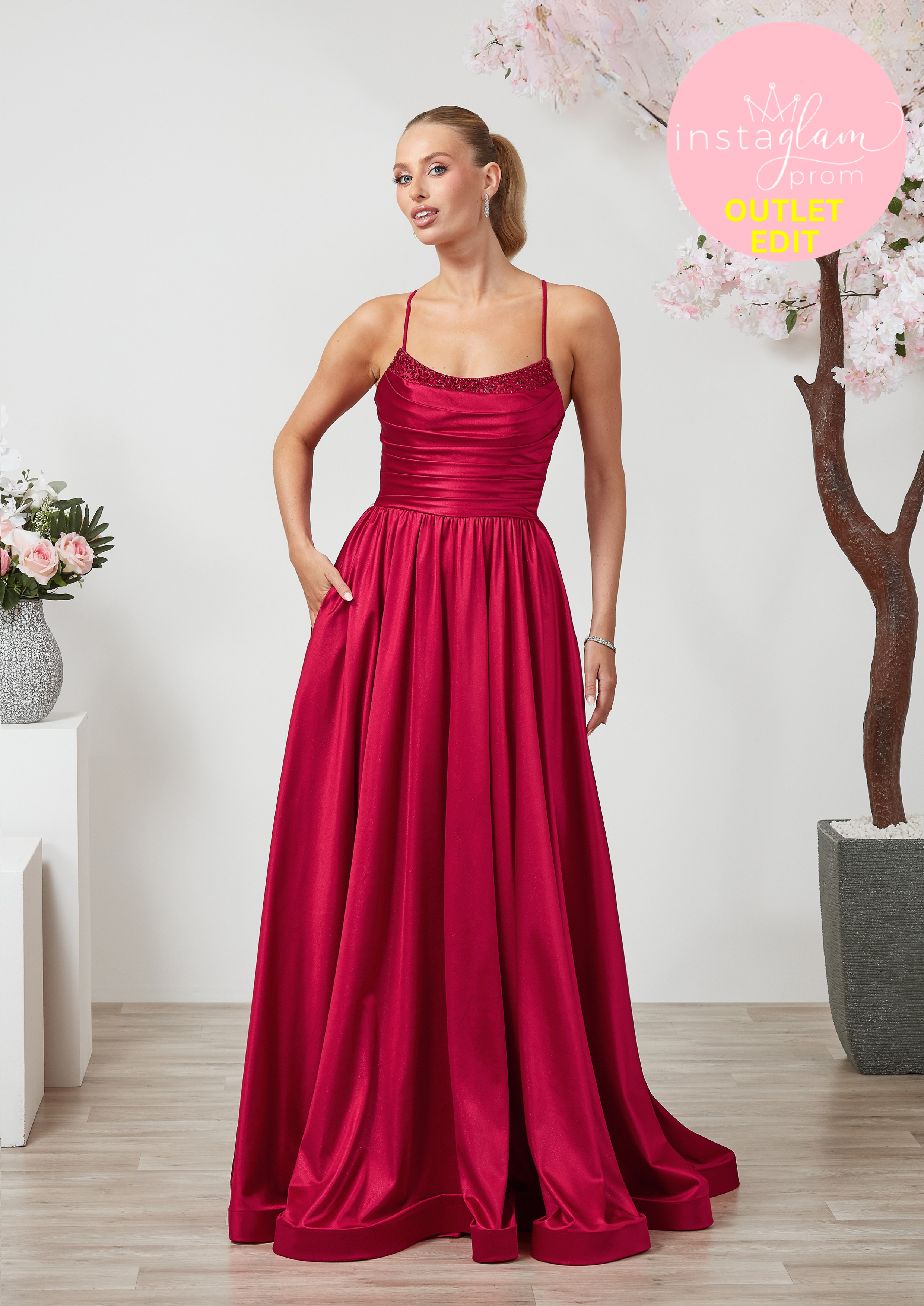 Aline satin Prom dress with round neck, boned bodice and leg split- Style AF6455