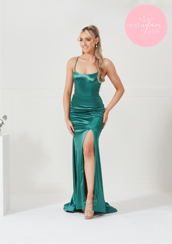 Satin fitted dress with leg split- style AF3310