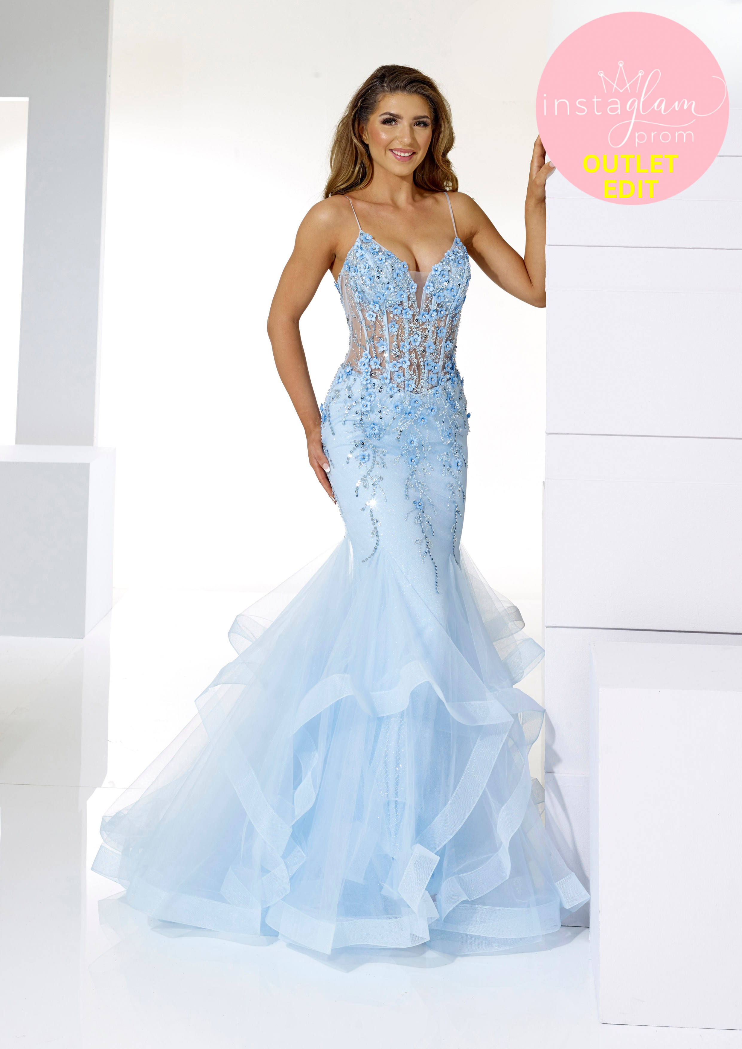 Aline ruffled fishtail prom dress with boned sheer bodice and leg split- Style AF21401