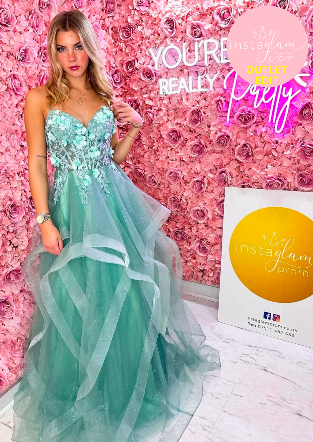 Ruffled ballgown prom / evening dress with boned sheer bodice, corset back and flower embellishments - Style E8158