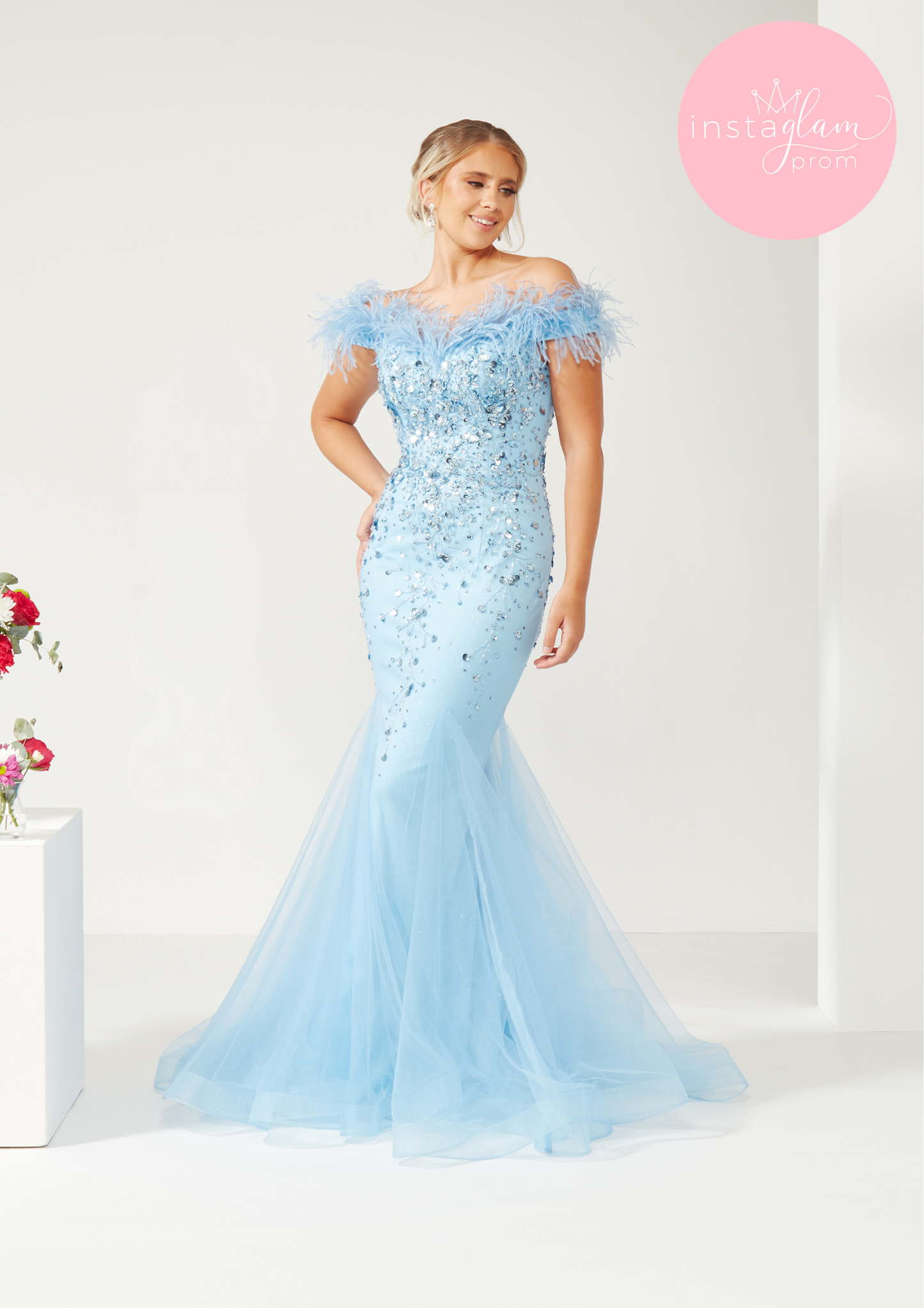 Off the shoulder beaded fishtail with feathers- style AF4306