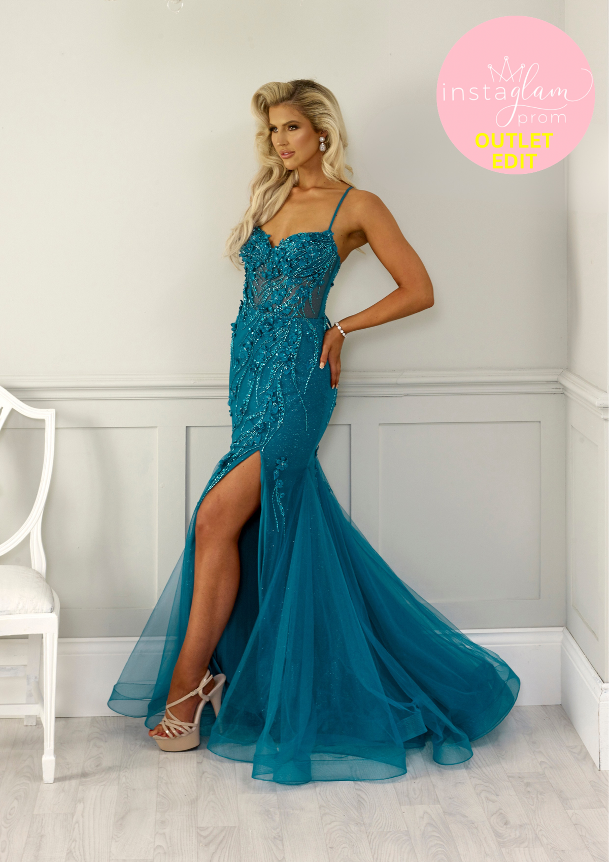 Fitted Tulle Prom Dress with Beaded Detail and Leg Split- Style AF0444