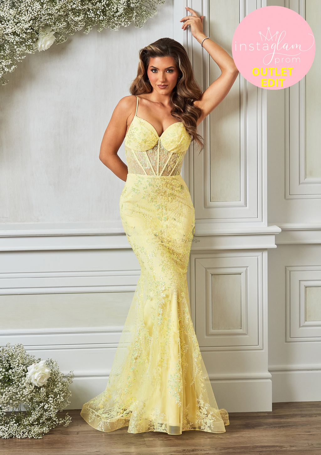 Fishtail prom / evening dress with boned sheer bodice, corset back and leg split- Style AF5448