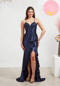 Satin ruffled prom / evening dress with boned sheer bodice and leg split- Style AF6309