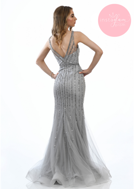 Fitted silver fishtail prom/ evening dress-AF20435