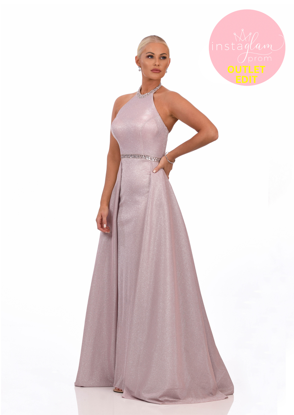 Rose halter neck fitted prom/ evening dress with train- style AF19402