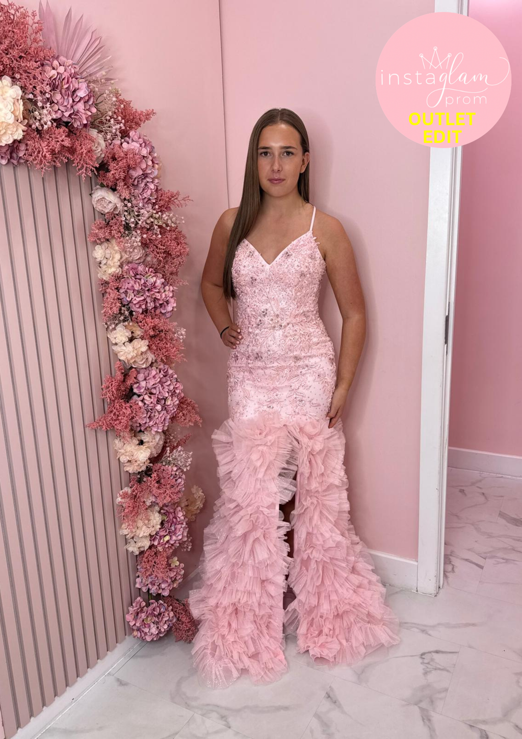 Fishtail Prom dress with ruffled skirt, corset back and leg split- Style AF5493