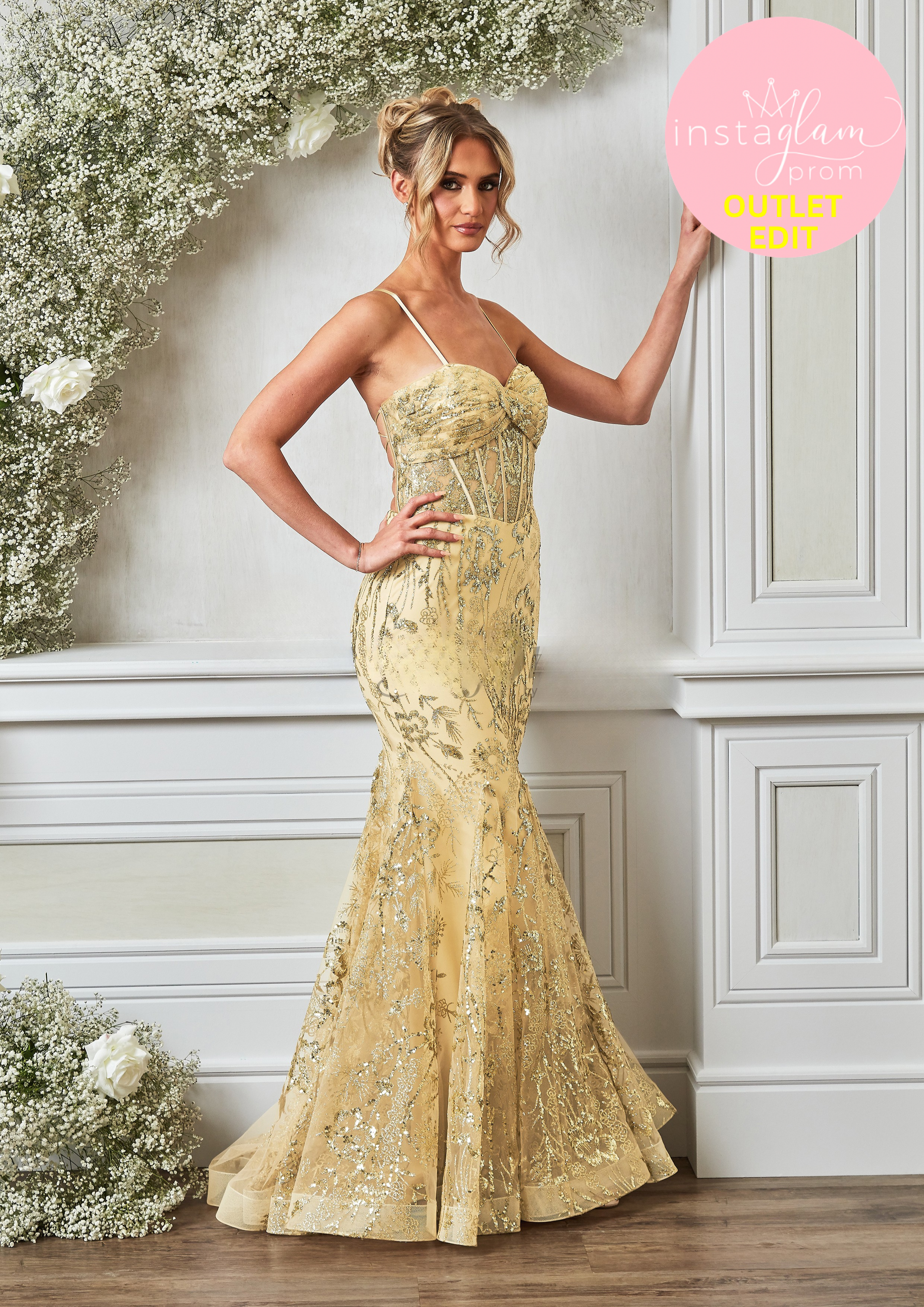 Fiahtail prom / evening dress with boned sheer bodice and corset back- Style AF5442