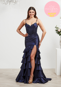Satin fitted prom dress with ruffled leg split- Style AF6302