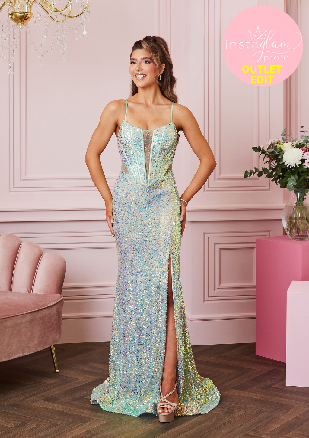 Fitted sequin fabric prom/ evening dress with plunge neckline and leg split- Style AF5302