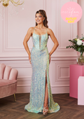 Fitted sequin fabric prom/ evening dress with plunge neckline and leg split- Style AF5302