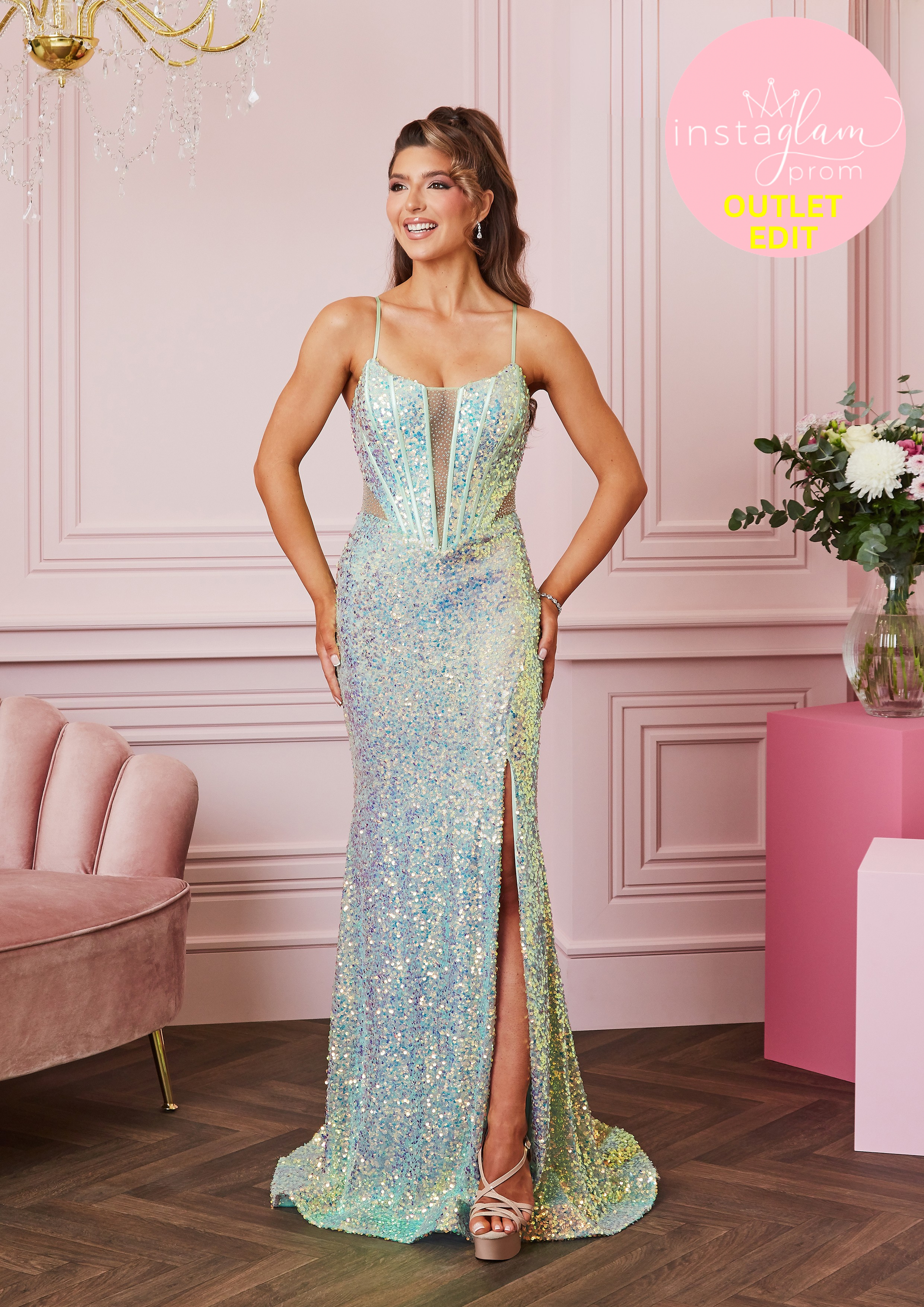 Fitted sequin fabric prom/ evening dress with plunge neckline and leg split- Style AF5302