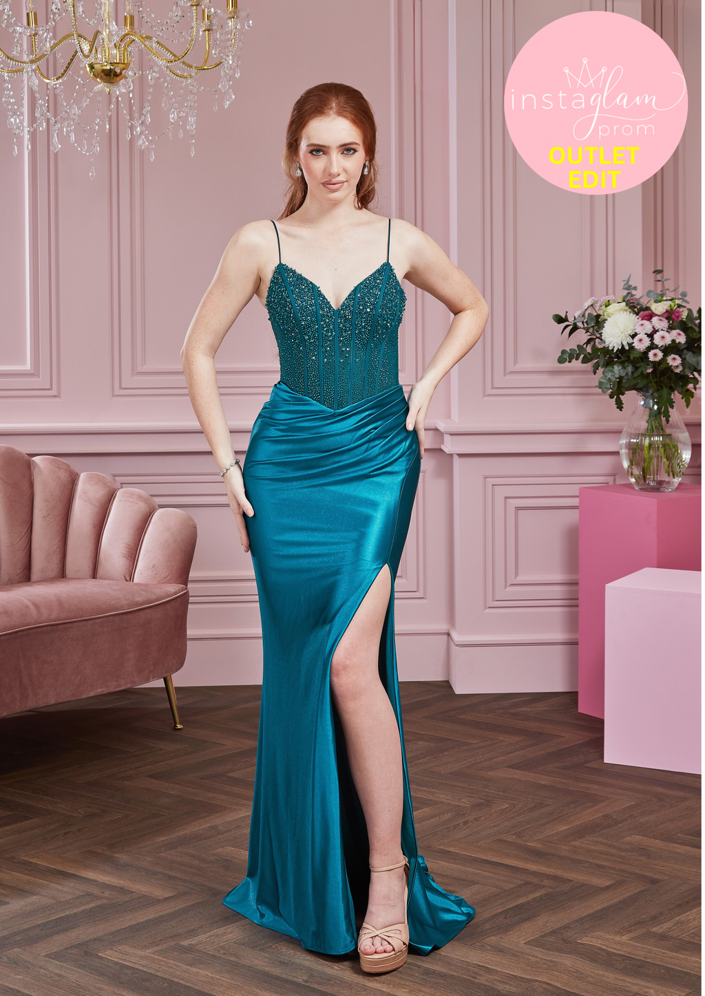 Fitted prom dress with boned beaded bodice, corset back and leg split- Style AF5511