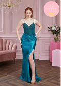 Fitted prom dress with boned beaded bodice, corset back and leg split- Style AF5511