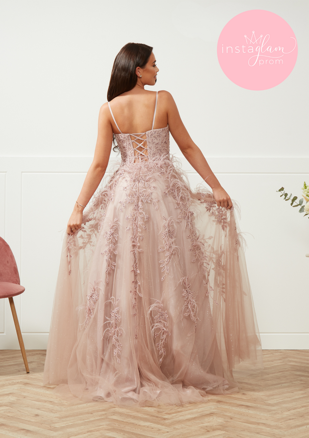 Feathered lace ballgown prom/ evening dress with corset back-style 4331
