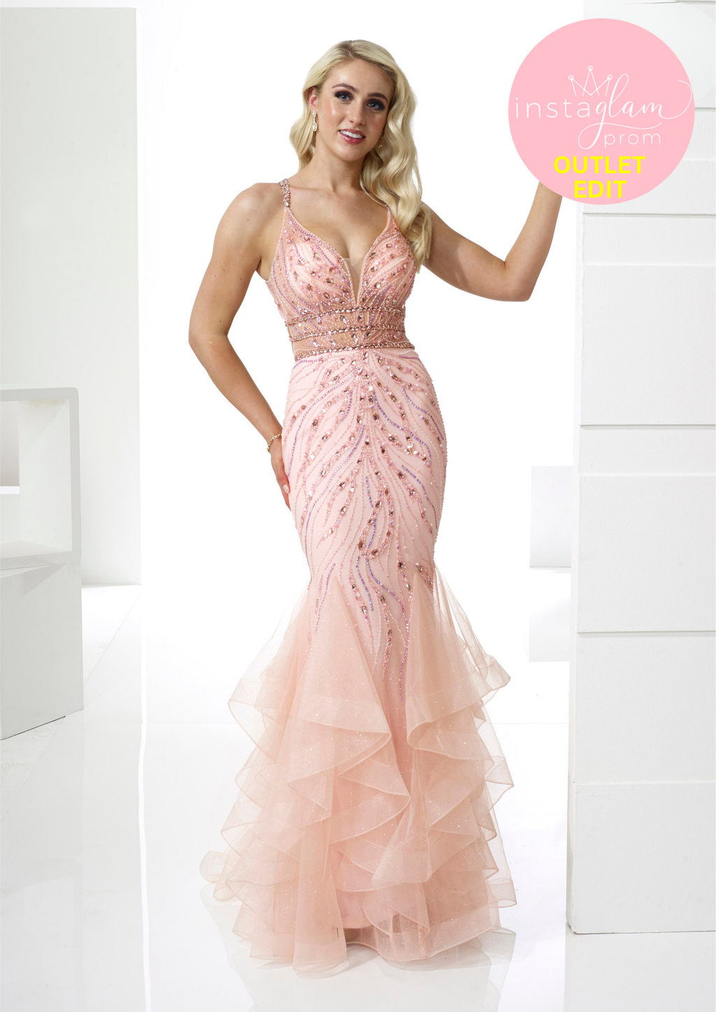 Ruffled Fishtail Prom dress with sheer bodice, beaded detail and statement back detail- Style AF21307