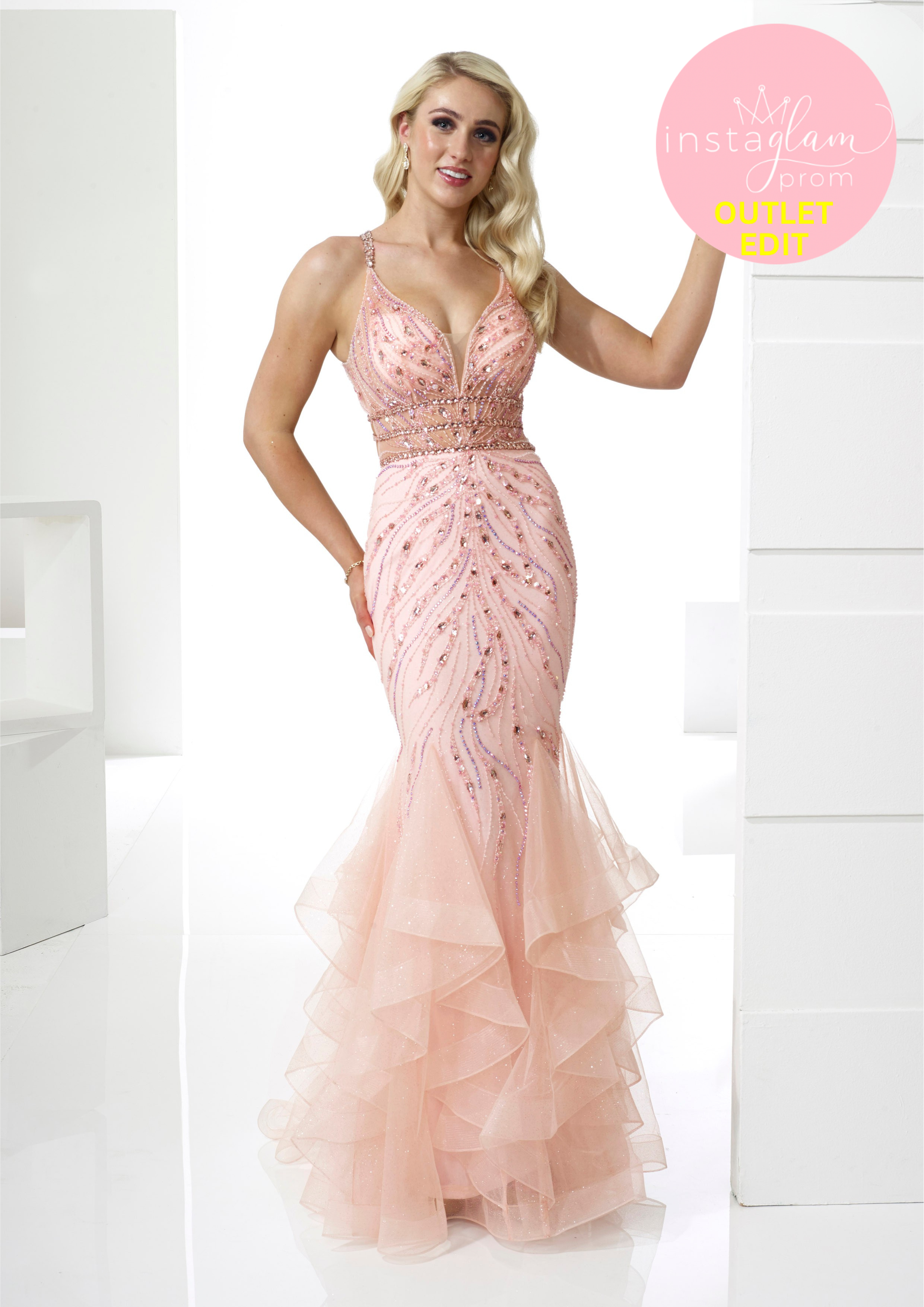 Ruffled Fishtail Prom dress with sheer bodice, beaded detail and statement back detail- Style AF21307