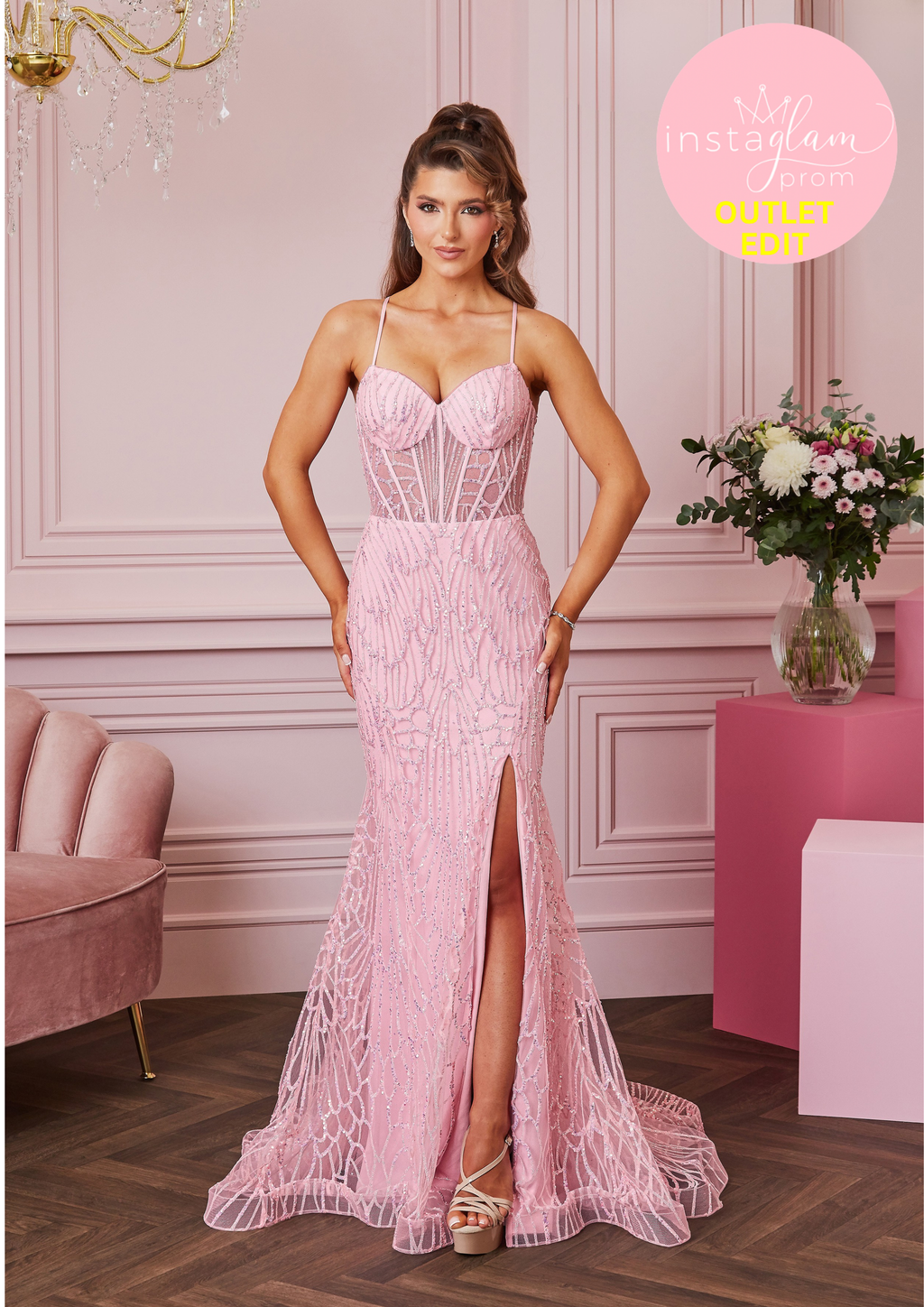 Fitted fishtail Prom dress with boned sheer bodice and corset back- Style AF5443
