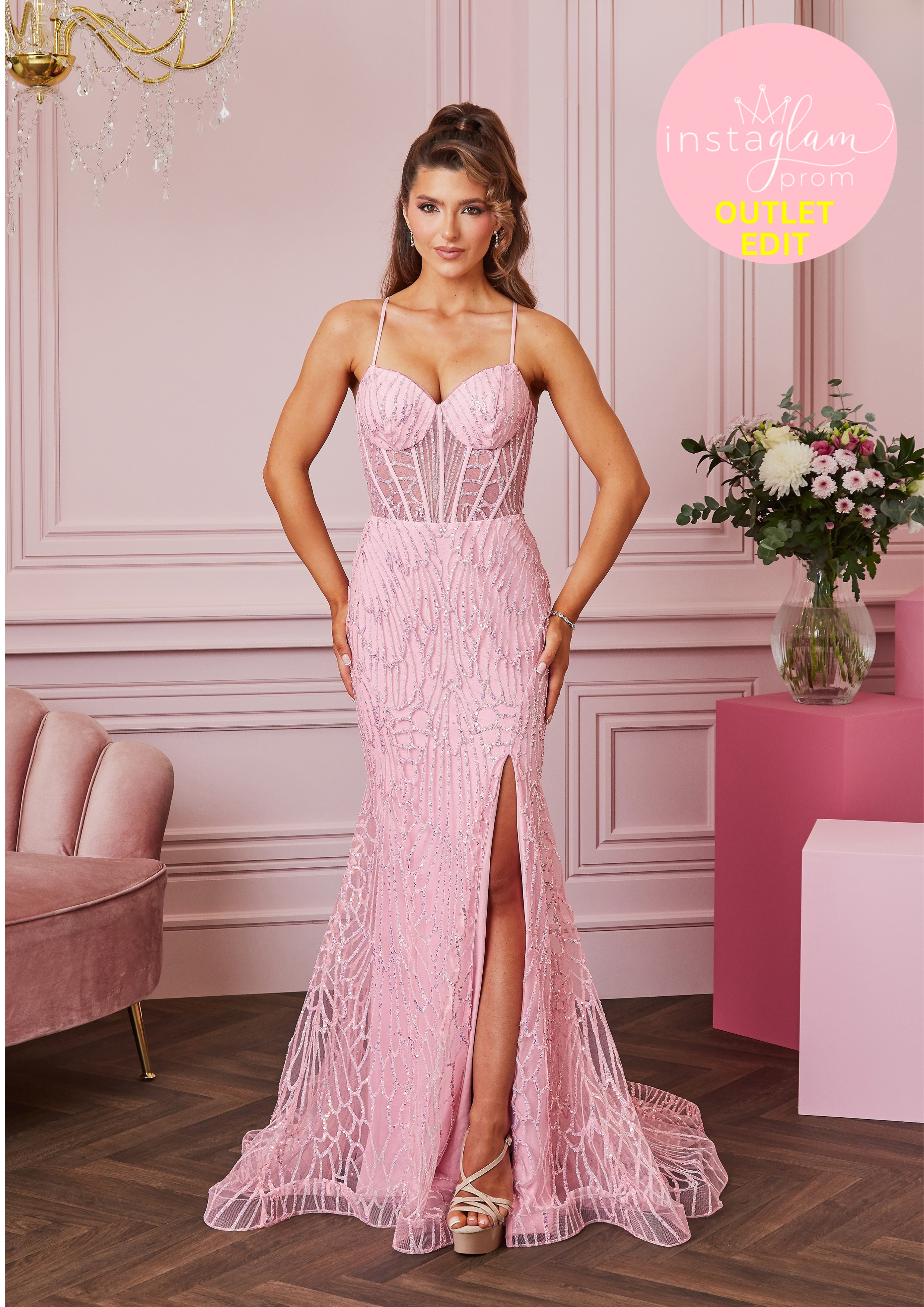 Fitted fishtail Prom dress with boned sheer bodice and corset back- Style AF5443
