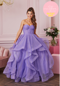 Ruffle ball gown Prom dress in glitter fabric with boned bodice and corset back- Style AF5419