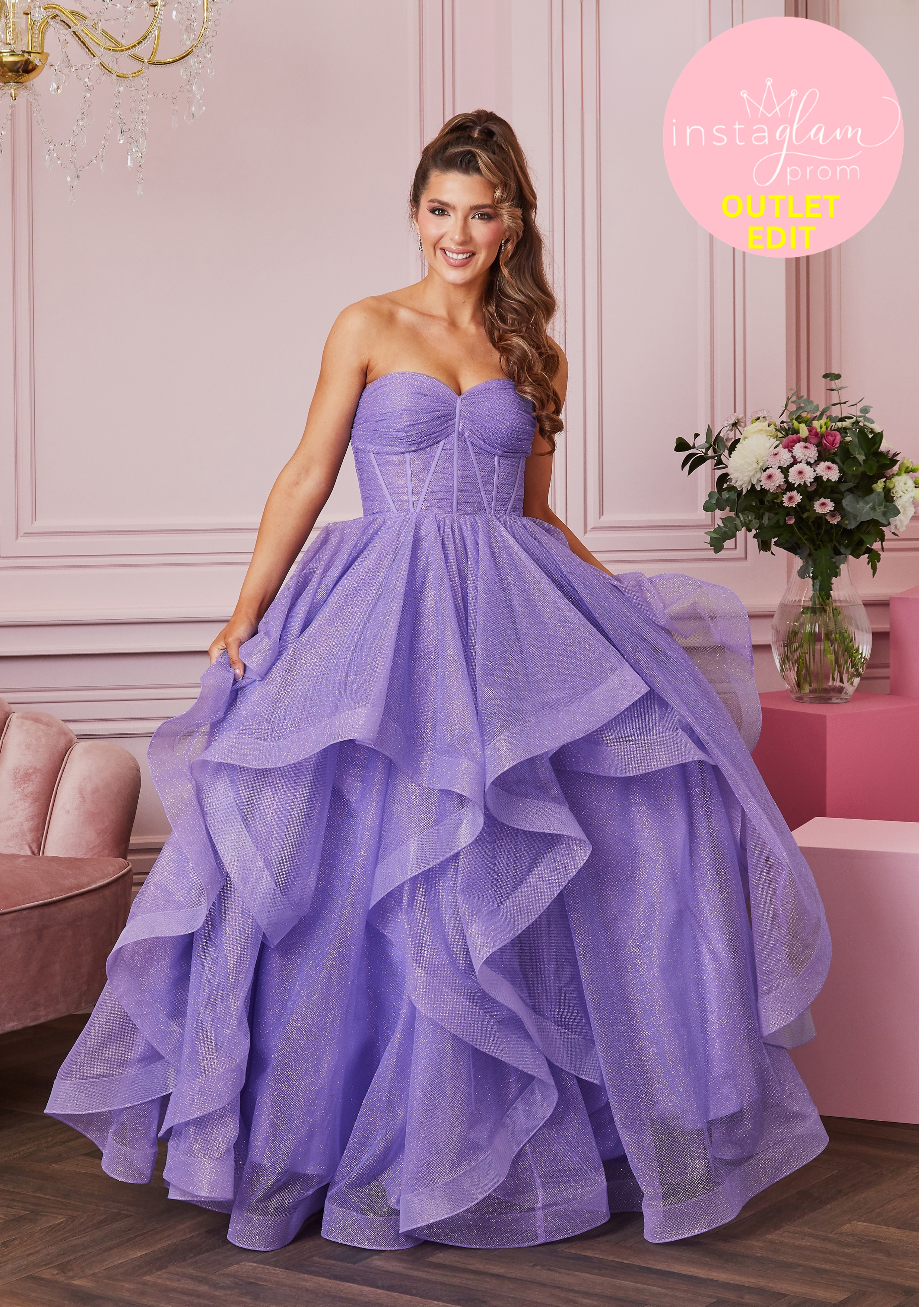 Ruffle ball gown Prom dress in glitter fabric with boned bodice and corset back- Style AF5419