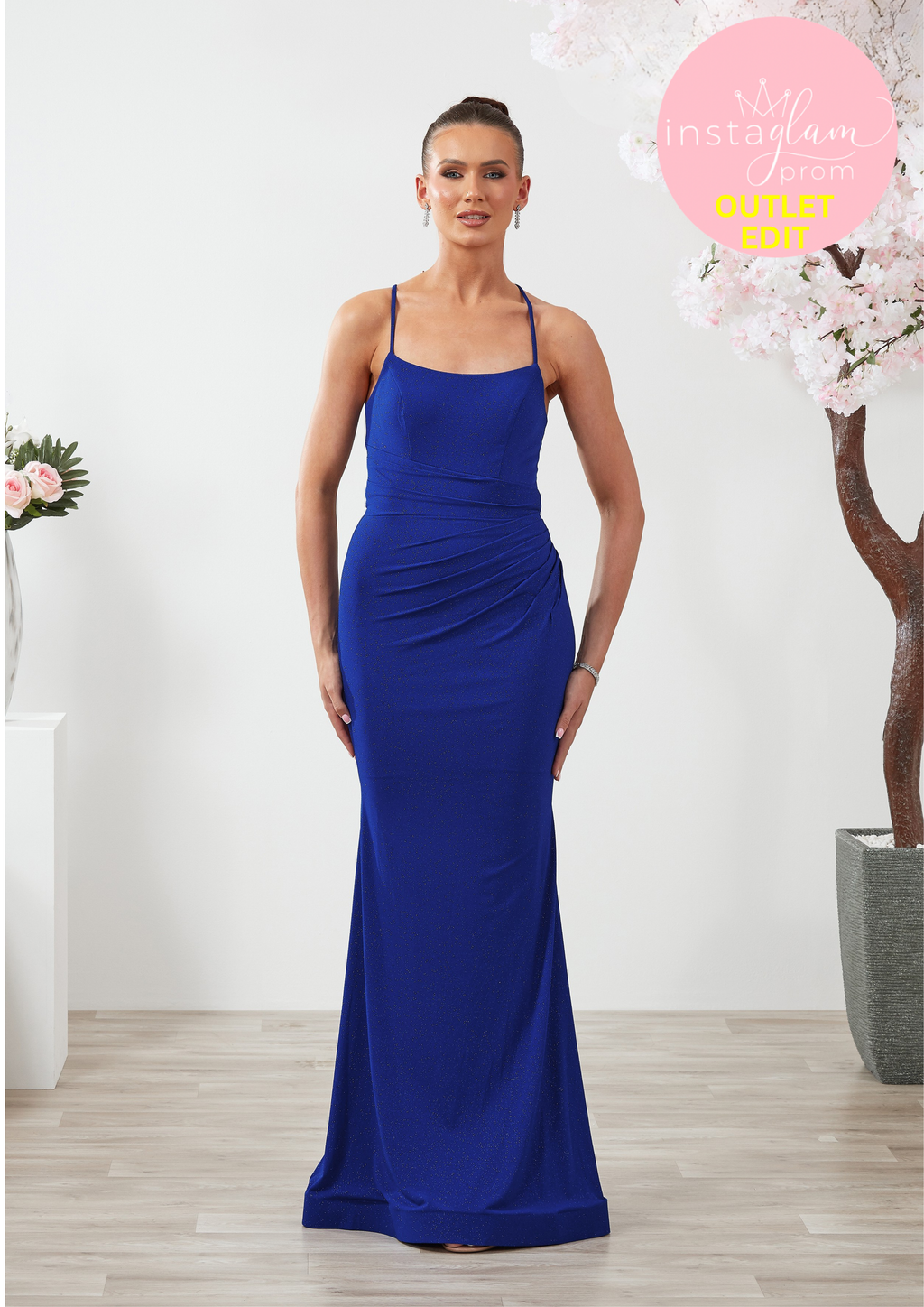 Fitted glitter fabric Prom / evening dress with round neck and corset back - Style AF3302