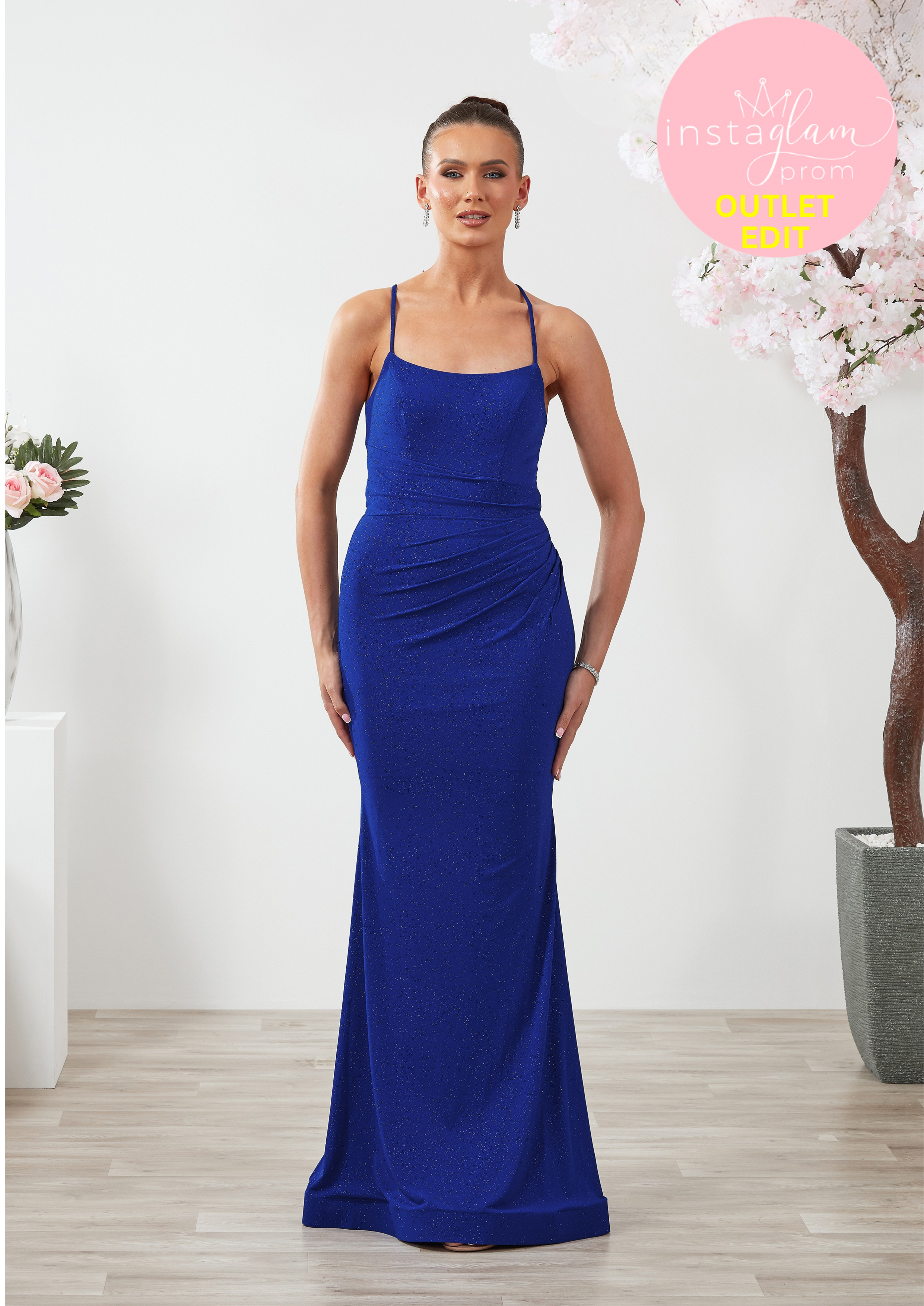 Fitted glitter fabric Prom / evening dress with round neck and corset back - Style AF3302