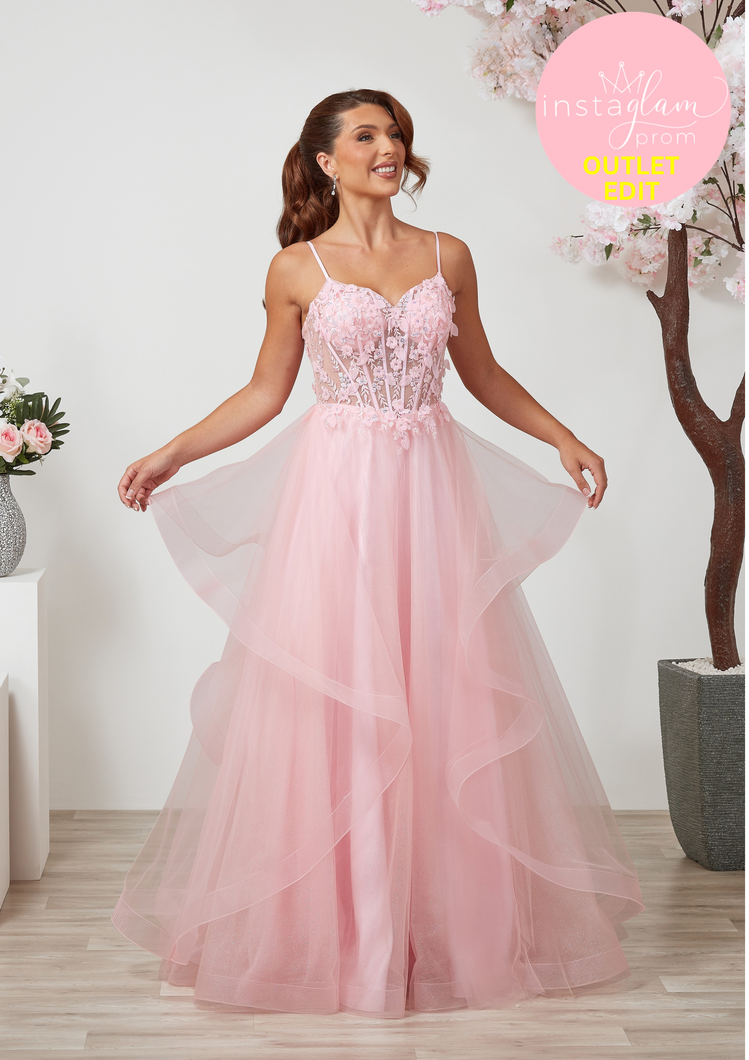 Ruffled ballgown prom / evening dress with boned sheer bodice, flower embellishments and corset back- Style AF6412