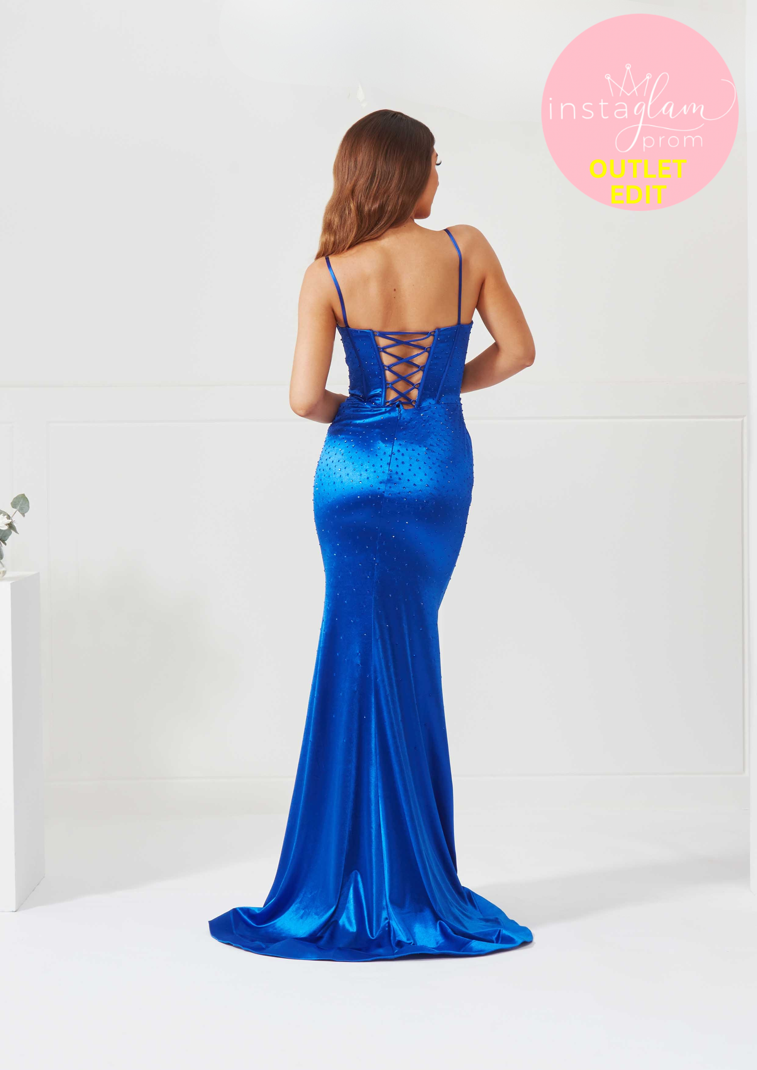 Satin fitted Prom dress with corset back, hot fix detail and leg split- Style AF3307