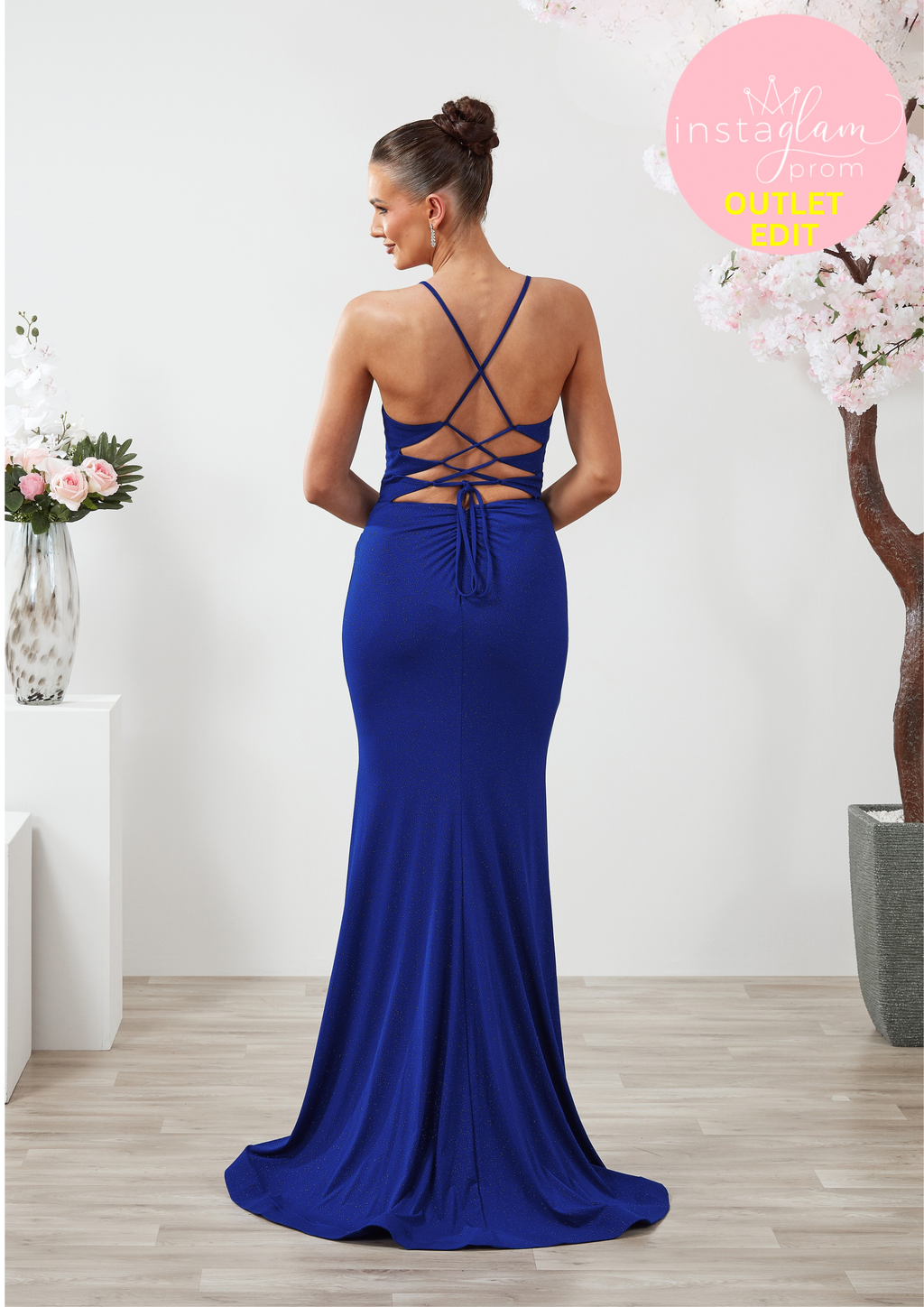 Fitted glitter fabric Prom / evening dress with round neck and corset back - Style AF3302