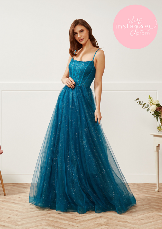 Stacee Aline prom/ evening dress with full tulle skirt, round nick and corset back detail