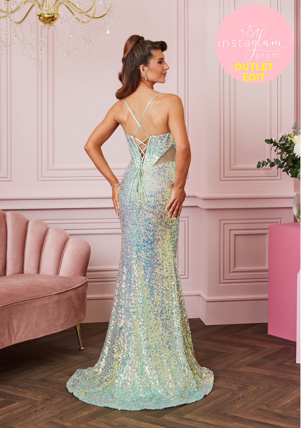 Fitted sequin fabric prom/ evening dress with plunge neckline and leg split- Style AF5302