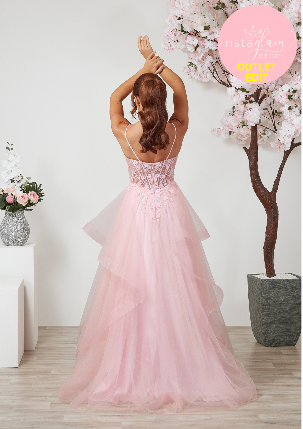 Ruffled ballgown prom / evening dress with boned sheer bodice, flower embellishments and corset back- Style AF6412