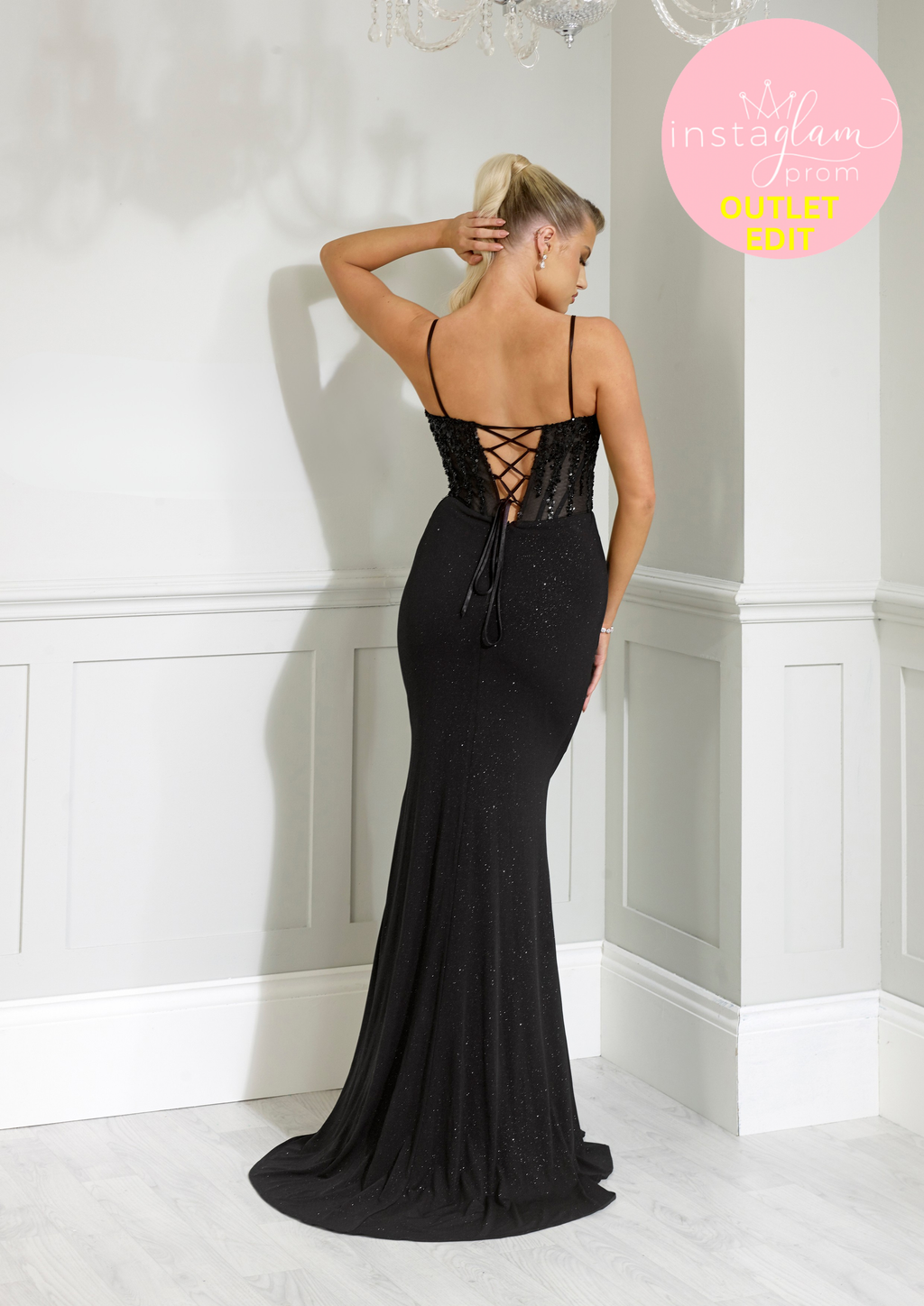 Fitted glitter fabric Prom / evening dress with leg split and corset back - Style AF6244